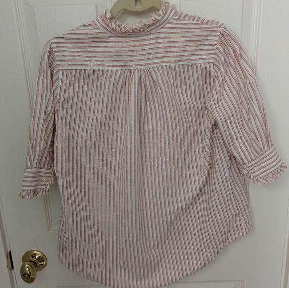 Ann Mashburn Elbow Sleeve Frill Shirt in Calypso/Sand Multi Stripe Sz. M - Picture 5 of 6
